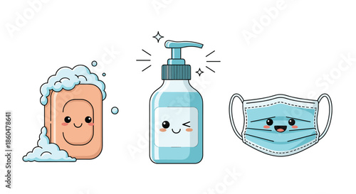 Trio of adorable cartoon characters representing soap, hand sanitizer, and a medical mask to promote hygiene and safety.