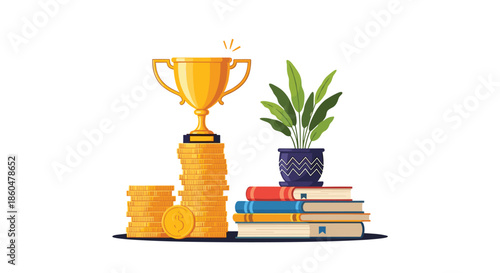 Golden winner trophy standing on a stack of coins next to books and a green plant, symbolizing education and wealth goals.