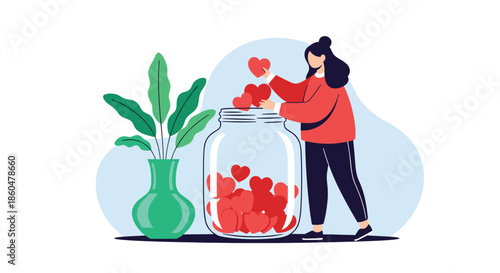 Young woman placing red heart shapes into a large glass jar next to a green vase with a plant, symbolizing love and charity.