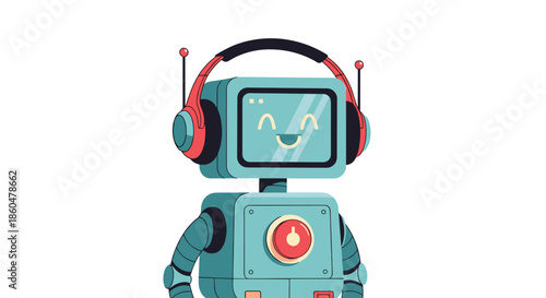 Friendly blue robot character with a smiling screen face wearing red headphones, representing modern music and technology.