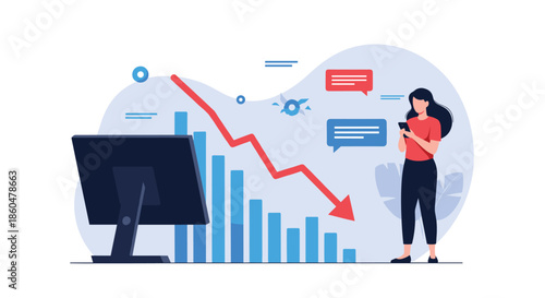 Worried woman looking at her mobile phone in front of a computer screen showing a declining financial bar chart of stocks.