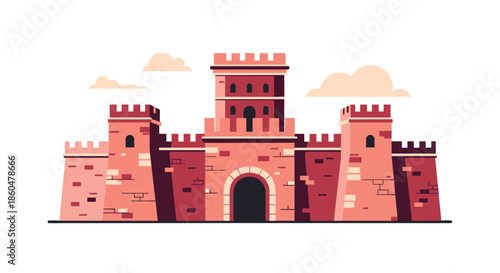 Large medieval red stone castle fortress with tall towers and a main gate under a soft cloudy sky for fantasy theme designs.