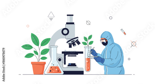 Scientist in a protective suit using a microscope to study plant samples in a laboratory for advanced biological research.