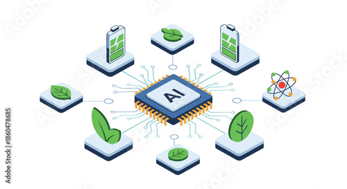 Central artificial intelligence chip connected to icons of green energy, batteries, and nature for sustainable technology.