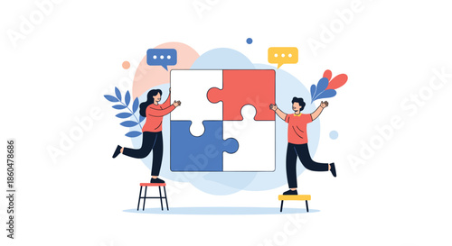 Man and woman collaborating to assemble four large jigsaw puzzle pieces, representing creative problem solving and teamwork.