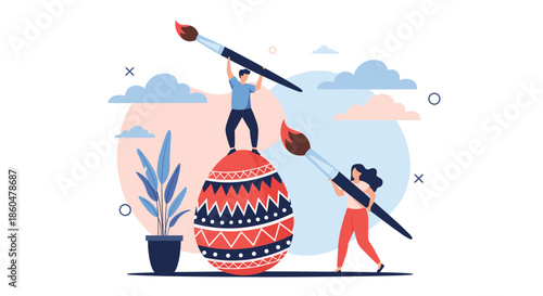 Man and woman using large paintbrushes to decorate a giant Easter egg with patterns in a collaborative artistic project.