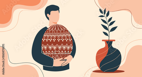 Man holding a large brown Easter egg decorated with intricate white patterns, shown in a stylish minimal art illustration.