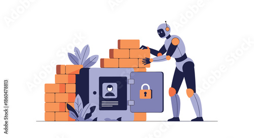 A vigilant robot builds a brick wall around a safe containing personal data, symbolizing robust cybersecurity and data protection.