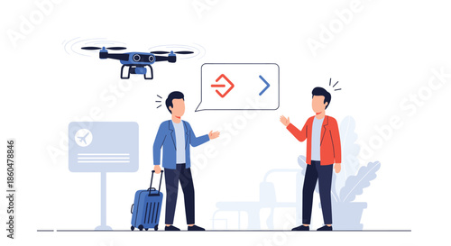 Traveler with luggage speaking to another person at an airport while a drone overhead translates their conversation in real time.