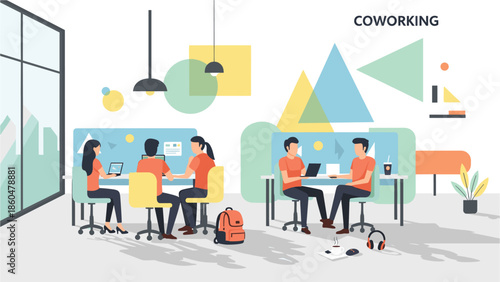 Modern coworkers collaborating in vibrant shared office space