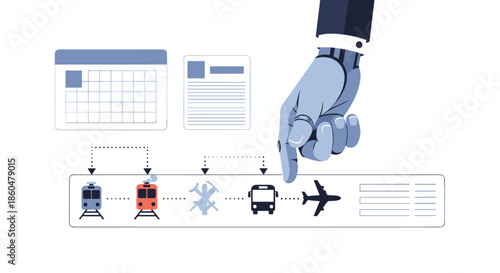 Robotic hand selecting an airplane icon from a timeline of various transportation modes, illustrating automated travel booking and logistics.