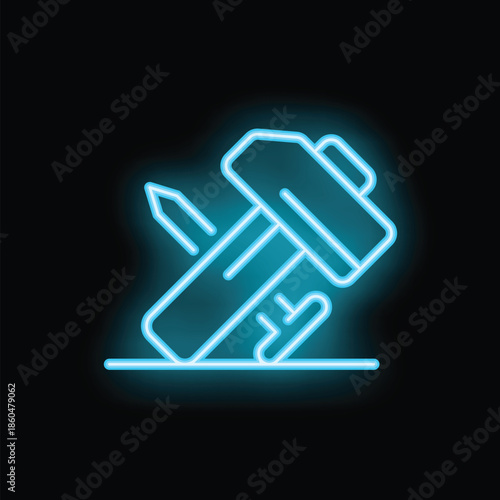 Neon blue hammer icon glowing on black background representing concept of construction and manual labor