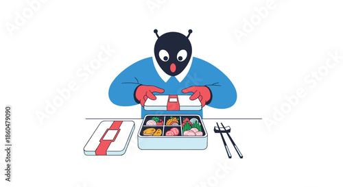 A curious alien-like character wearing a mask and gloves opens a Japanese bento box filled with a variety of delicious foods.