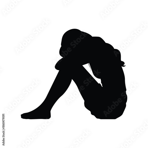 Black silhouette of a sad woman sitting with knees bent. Concept of depression, loneliness, sadness, stress and emotional pain. Isolated on transparent background.