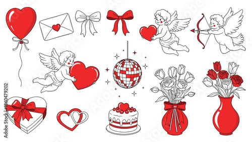 Valentine's Day icons set with hearts, cherubs, flowers, gifts