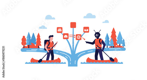 Man and an AI robot in separate canoes navigate a branching river, collaborating on a shared digital workflow or journey map.