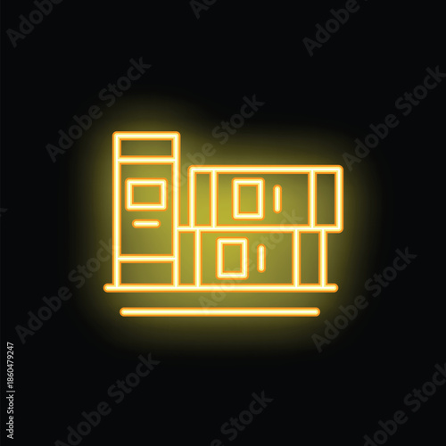 Bright yellow neon icon of a modular home built with cargo containers, illustrating innovative and sustainable building trends