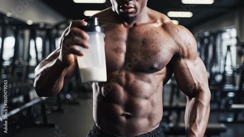 Muscular Man Drinking Protein Shake After Workout in Gym