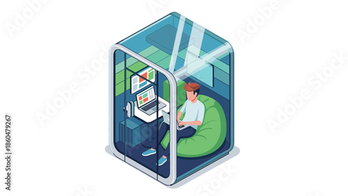 Man working remotely in modern glass walled office pod with laptop