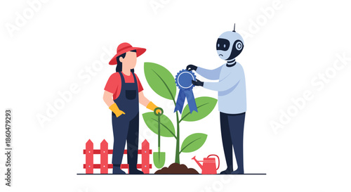AI robot gives a blue ribbon award to a female farmer for growing a healthy plant, symbolizing success in smart agriculture.