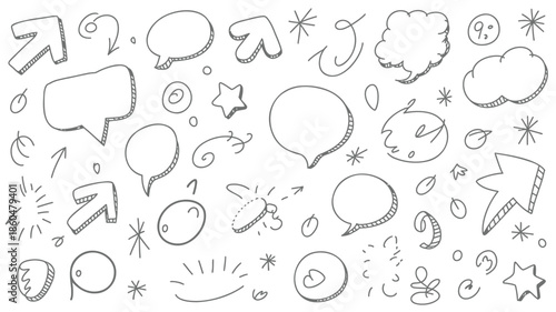 Hand drawn chat and thought bubbles with dynamic symbols