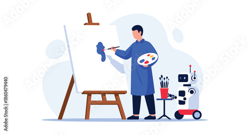 Human artist painting on a canvas at an easel with a small robot assistant helping by providing tools and creative support.
