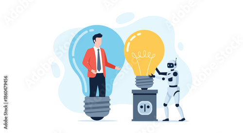 Robot screwing in a bright lightbulb to power the idea of a businessman standing inside another transparent lightbulb container.