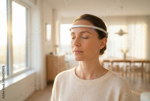 Young woman practicing mindfulness meditation at home using a futuristic neurofeedback headband, serene indoor setting with soft sunlight