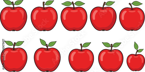 Red apple fruit icons collection with fresh ripe apples arranged in rows isolated on white background flat vector illustration