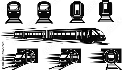 Modern train and metro silhouettes collection showing high speed railway transport isolated black vector illustration for urban travel transit concept