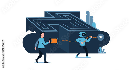 AI robot guides a man through a complex maze, holding a thread that leads to a star, symbolizing guided problem-solving.