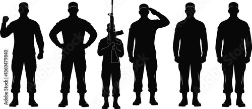 Military soldiers silhouettes standing in formation with weapons and salute isolated black vector illustration for army service discipline concept design