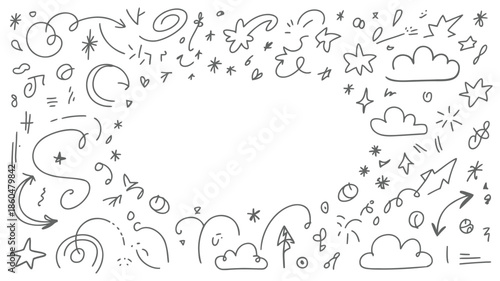 Whimsical doodle border with stars, clouds, and arrows on white background