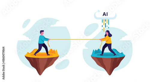 Man and woman on separate floating islands in a tug-of-war conflict, with an AI cloud giving one side a technological advantage.