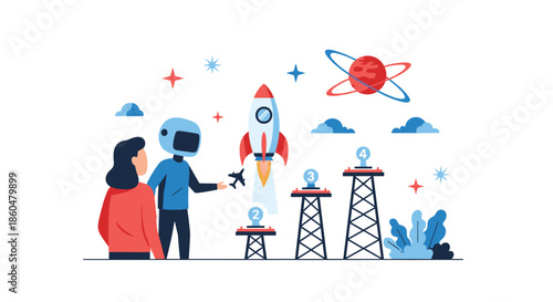 People in flat vector style planning a space rocket launch in stages, illustrating a business startup, project development, or goal achievement.