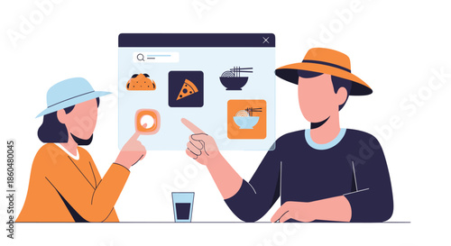 Couple wearing hats using a touchscreen interface to order different types of food online, like pizza, sushi, tacos, and noodles.