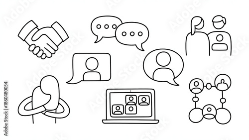 Set of communication and connection icons hand drawn vector elements for business and social media representing teamwork and discussion