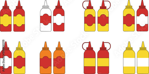 Sauce squeeze bottle icons collection with ketchup mustard and condiment containers for fast food