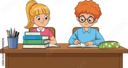 School Boy And Girl Studying Together At Desk With Books Cartoon Illustration For Education Learning Concept