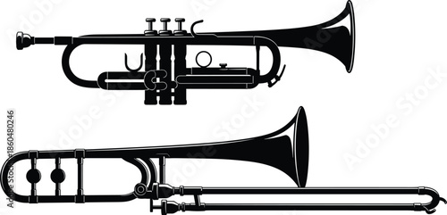 Trumpet and trombone silhouettes isolated black vector illustration showing brass musical instruments for jazz orchestra music performance education concept