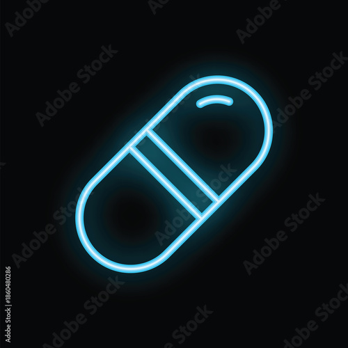 Blue neon capsule glowing on a black background representing various concepts related to medicine, healthcare, and pharmaceuticals