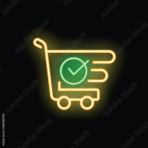 Glowing neon shopping cart icon with check mark representing successful online order confirmation