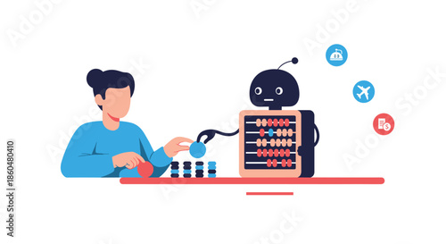 Woman uses a traditional abacus with the help of a friendly AI robot to budget for travel and other expenses.