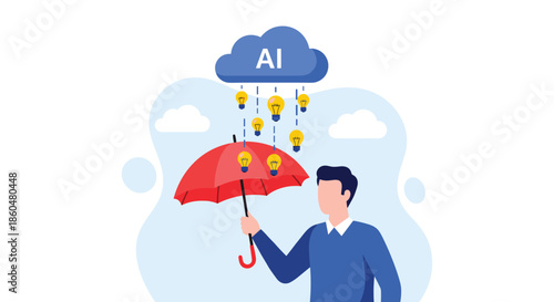 Man using an umbrella to protect himself from a rain of lightbulb ideas falling from an AI cloud, symbolizing information overload.