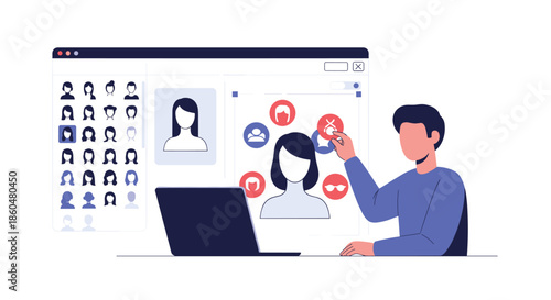 Man using a laptop to create a custom female avatar, selecting from various options for hair, accessories, and facial features.