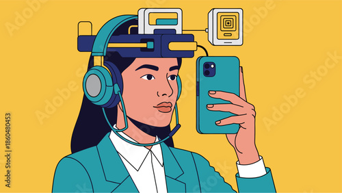 Young professional woman using futuristic wearable technology with smartphone