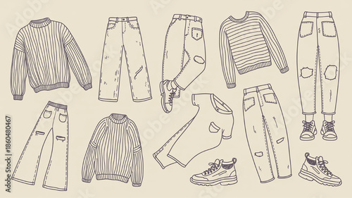 Hand-drawn collection of casual clothing and footwear sketch style vector elements for fashion design and lifestyle concepts isolated on beige background
