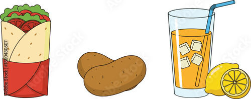 Street food and drink icons collection with wrap sandwich, potatoes, and fresh lemonade glass isolated on white background vector illustration