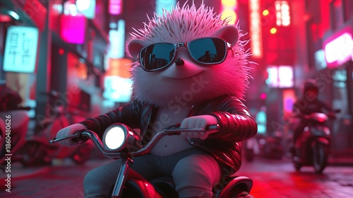 Punk Hedgehog Character on Motorcycle in Vibrant Neon City Nightscape