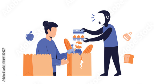 An AI bot helping a person pack groceries, accidentally breaking an egg, symbolizing errors or imperfections in automation.